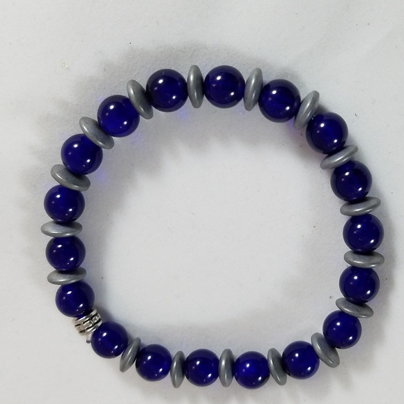 Hand Crafted Bracelet with Hematite Spacers Stretch Cobalt Blue Gray 7” Unisex - Picture 1 of 4